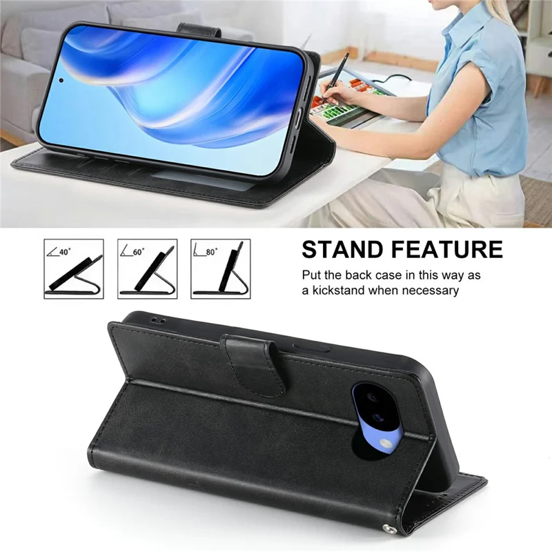 For Google Pixel 11a Phone Case Stand Wallet Calf Texture PU Leather Flip Phone Cover with Wrist Strap - Black