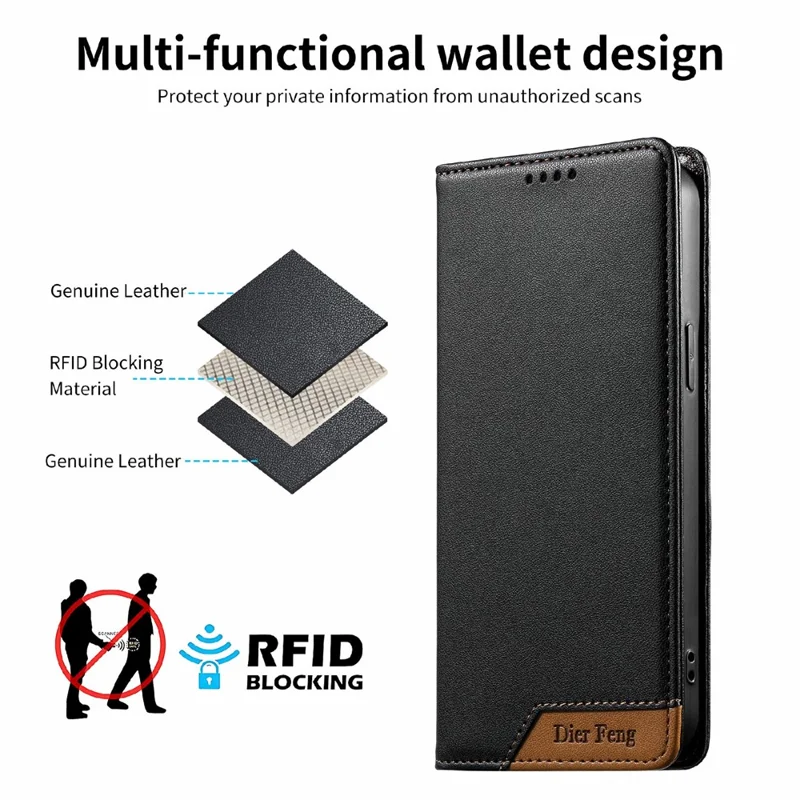 DIERFENG DF-018 For Xiaomi Redmi 17C 5G Case RFID Blocking Wallet Leather Phone Cover with Color Splicing Logo Corner - Black