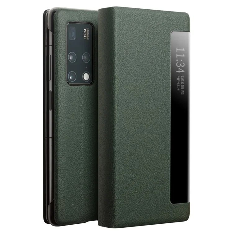 QIALINO Shockproof Cover for Huawei Mate X2 Genuine Cowhide Leather Phone Case Anti-Fall Phone Case with View Window - Green