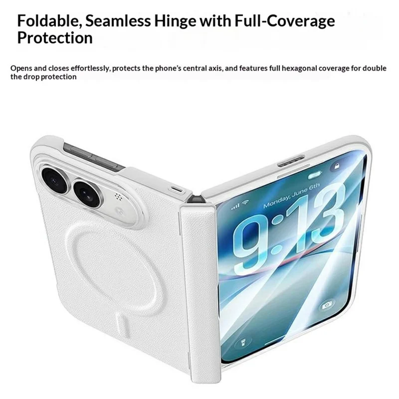 For iPhone Duo Magnetic Case Hinge Protection Folding Phone Cover with 2Pcs Camera Protector + 2Pcs Inner Hydrogel Film - White