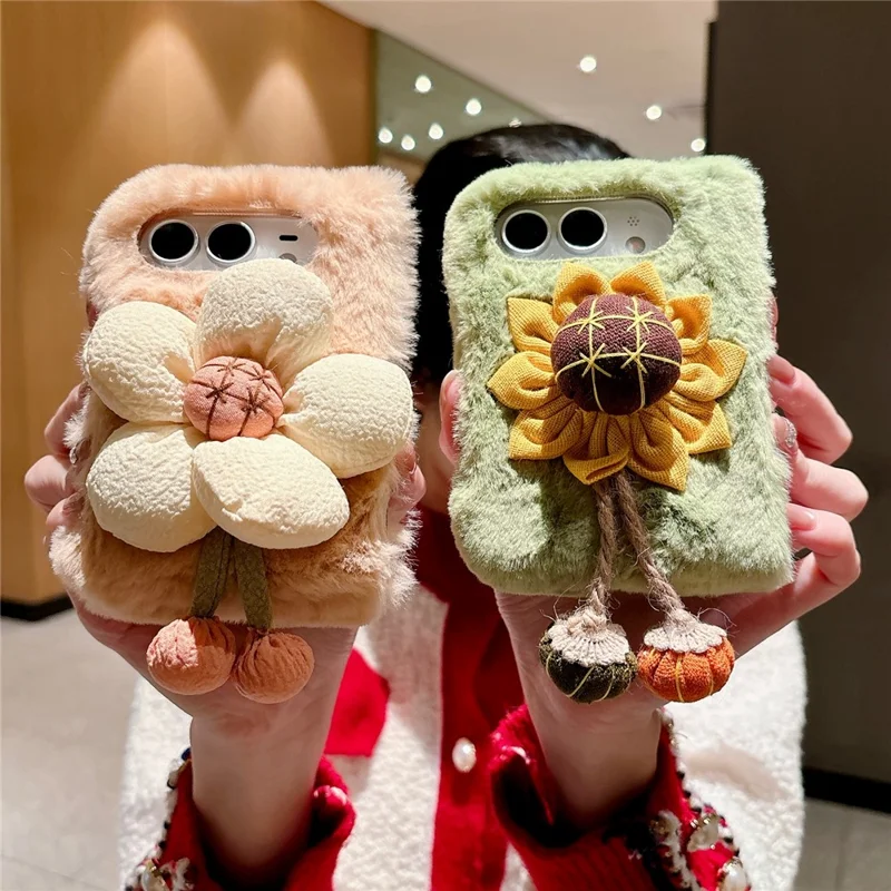For iPhone Duo Case Sunflower Fur Soft Warm Winter Plush PC Phone Cover - Pink