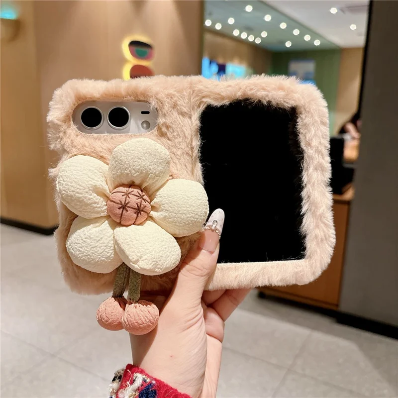 For iPhone Duo Case Sunflower Fur Soft Warm Winter Plush PC Phone Cover - Pink