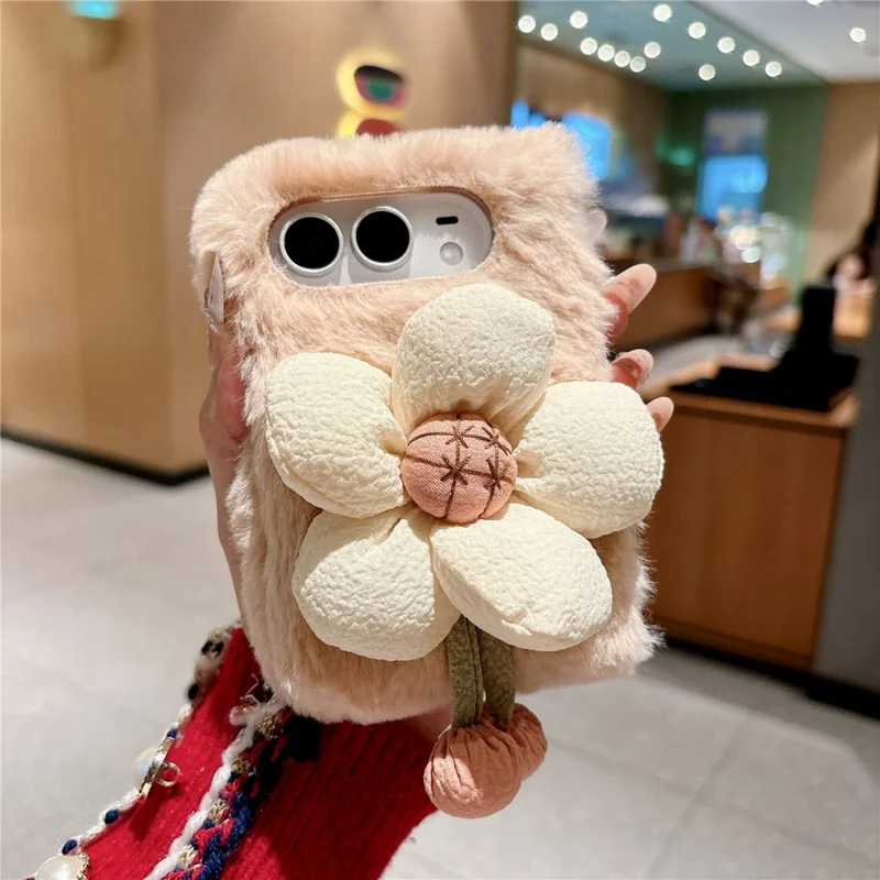 For iPhone Duo Case Sunflower Fur Soft Warm Winter Plush PC Phone Cover - Pink