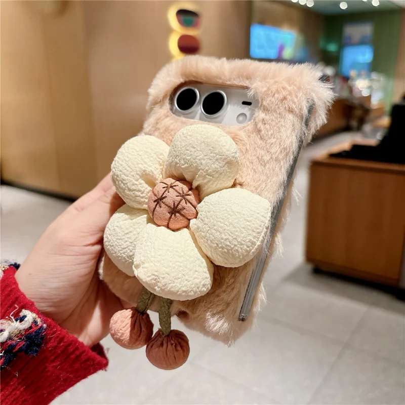 For iPhone Duo Case Sunflower Fur Soft Warm Winter Plush PC Phone Cover - Pink