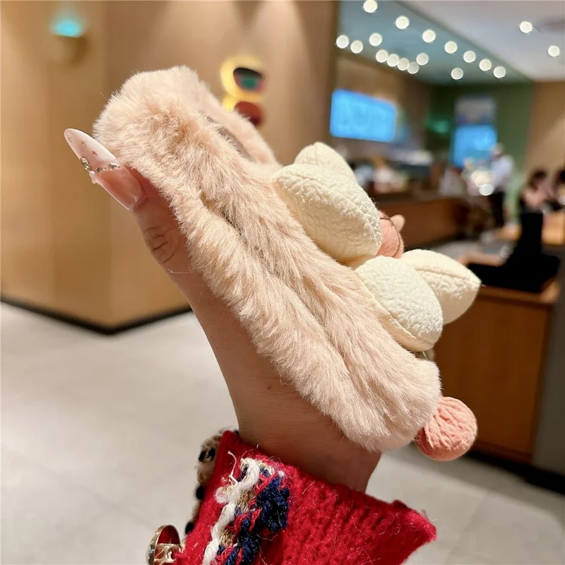 For iPhone Duo Case Sunflower Fur Soft Warm Winter Plush PC Phone Cover - Pink