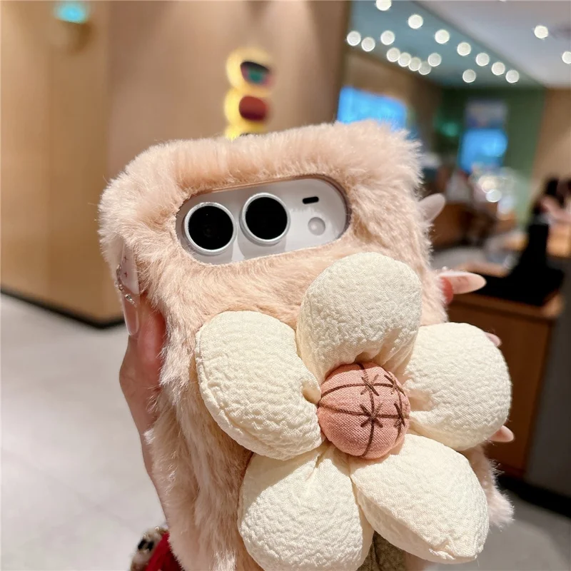For iPhone Duo Case Sunflower Fur Soft Warm Winter Plush PC Phone Cover - Pink
