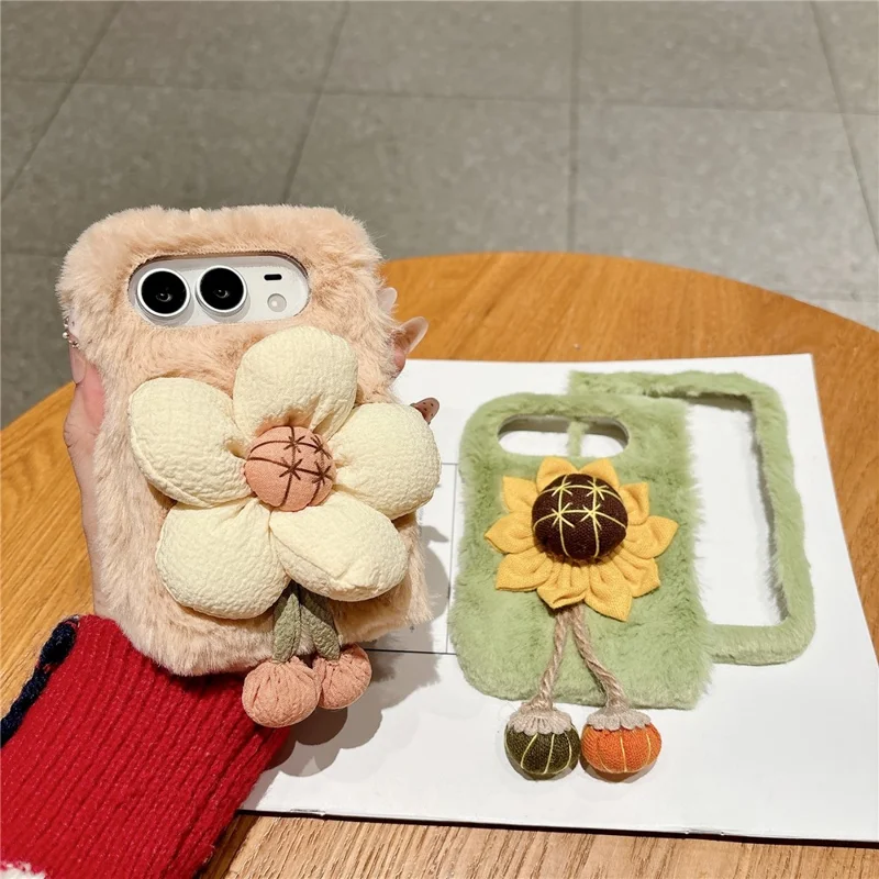 For iPhone Duo Case Sunflower Fur Soft Warm Winter Plush PC Phone Cover - Pink