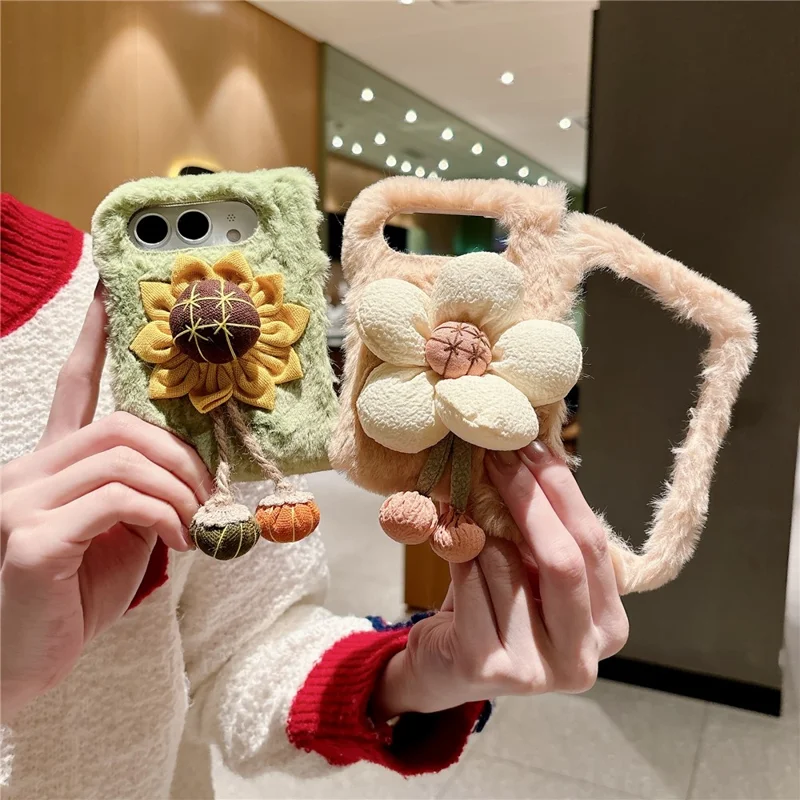 For iPhone Duo Case Sunflower Fur Soft Warm Winter Plush PC Phone Cover - Pink