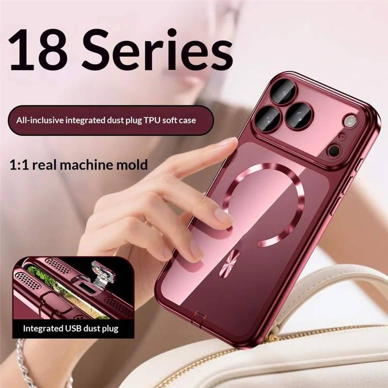Cover per iPhone 18 Pro con Telaio Placcato e Cover Trasparente in TPU Compatibile con MagSafe - Rosso Ciliegia