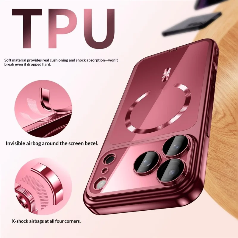 Cover per iPhone 18 Pro con Telaio Placcato e Cover Trasparente in TPU Compatibile con MagSafe - Rosso Ciliegia