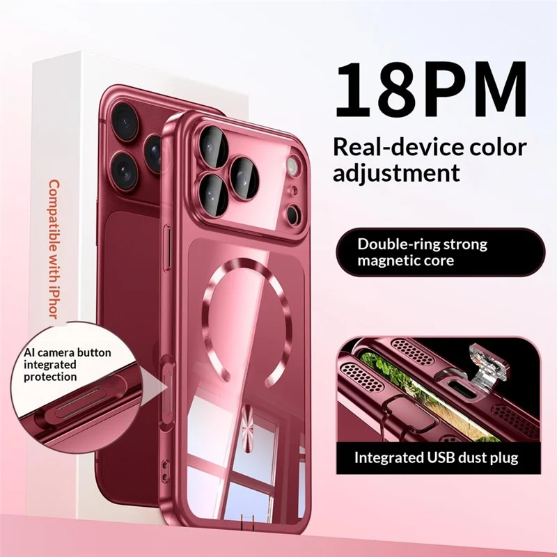 Cover per iPhone 18 Pro con Telaio Placcato e Cover Trasparente in TPU Compatibile con MagSafe - Rosso Ciliegia