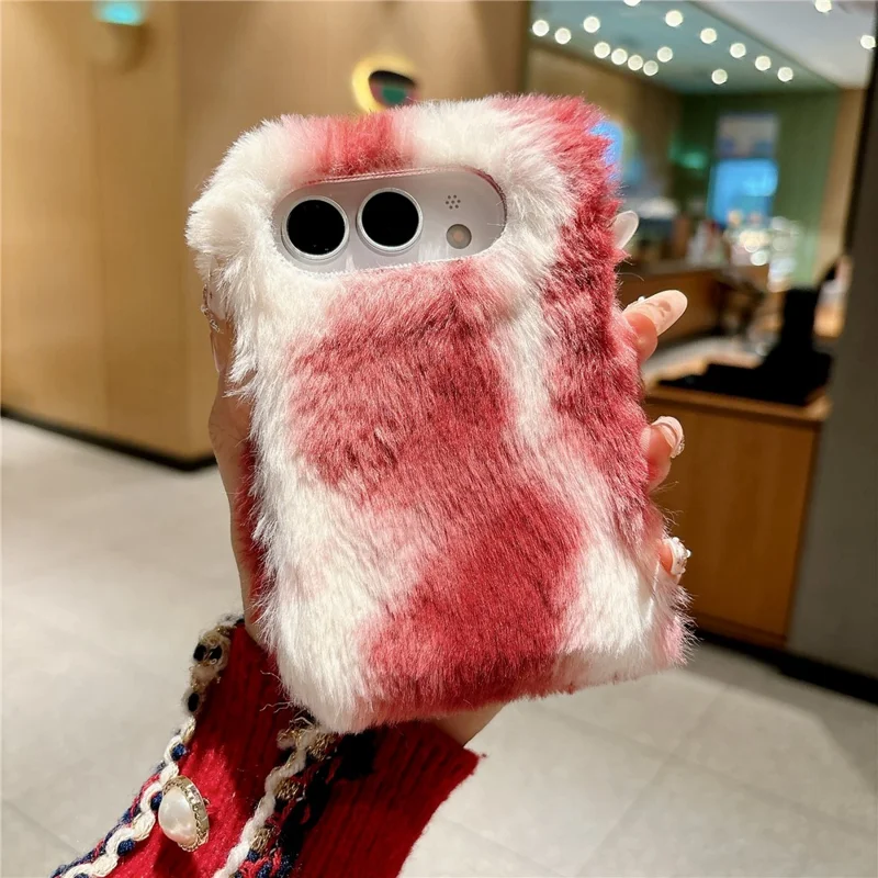 For iPhone Duo Case PC + Furry Shockproof Scratch-Resistant Winter Plush Phone Cover - Red