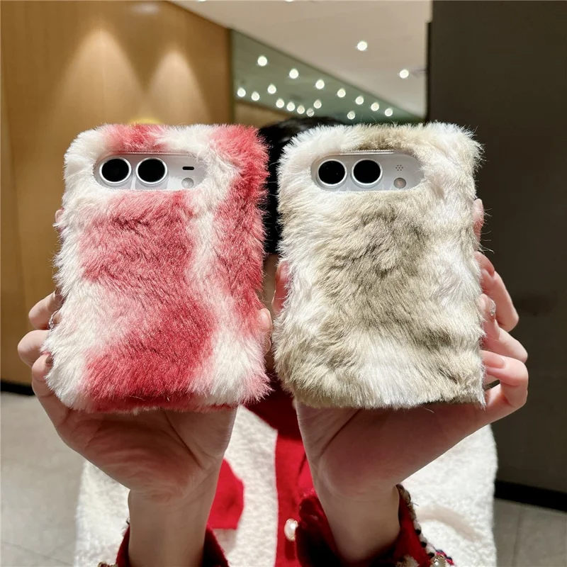 For iPhone Duo Case PC + Furry Shockproof Scratch-Resistant Winter Plush Phone Cover - Red