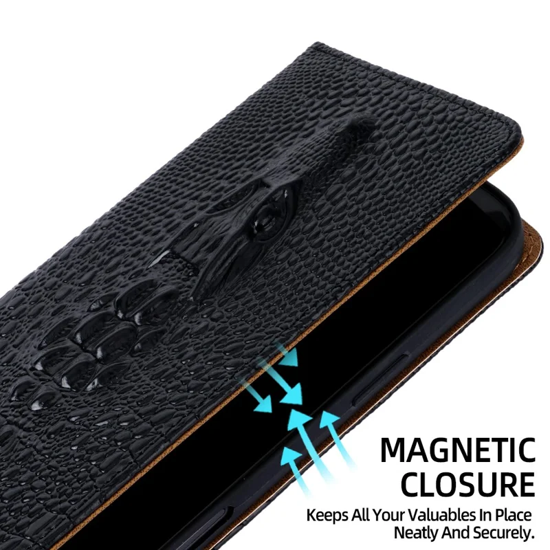For iPhone 17 Case 3D Crocodile Skull Flip Wallet RFID Blocking Genuine Cow Leather Phone Cover - Black