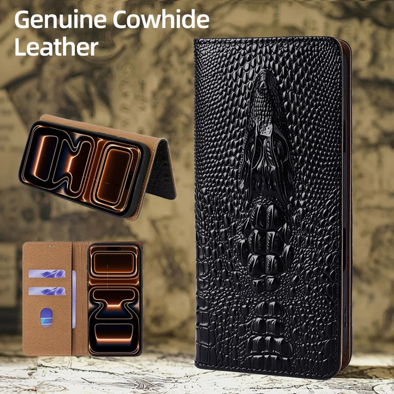 For iPhone Air Case 3D Crocodile Skull Flip Wallet RFID Blocking Genuine Cow Leather Phone Cover - Black