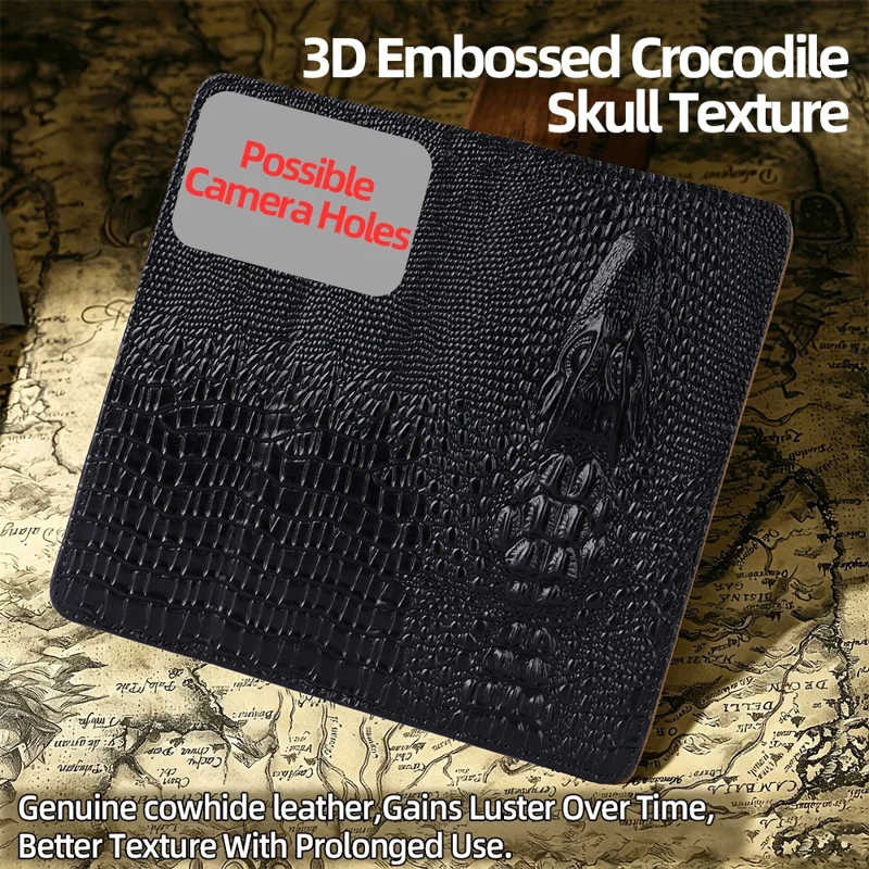 For iPhone Air Case 3D Crocodile Skull Flip Wallet RFID Blocking Genuine Cow Leather Phone Cover - Black