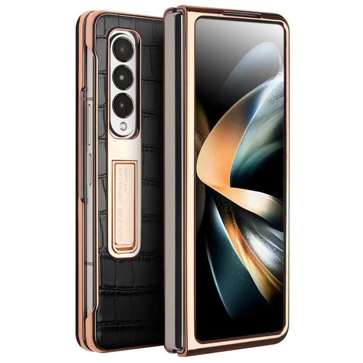 Caixa de Telefone Eletroplatada Qialino Para Samsung Galaxy Z Fold4 5g Cappa de PC Rígida Para Choque Chusta Vista de Telefone Vista de Telefone Com Filme de Vidro Temperado - Preto