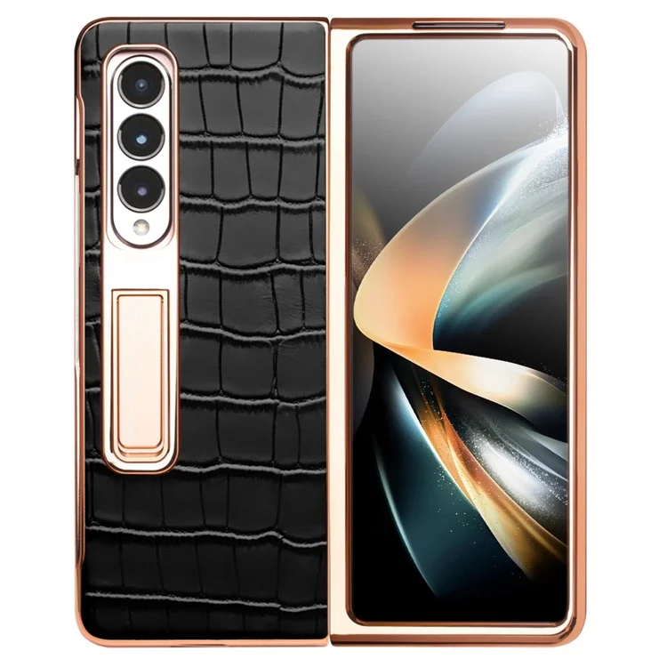Caixa de Telefone Eletroplatada Qialino Para Samsung Galaxy Z Fold4 5g Cappa de PC Rígida Para Choque Chusta Vista de Telefone Vista de Telefone Com Filme de Vidro Temperado - Preto