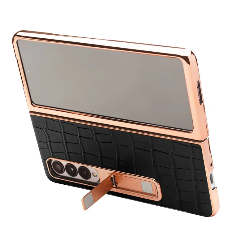 Caixa de Telefone Eletroplatada Qialino Para Samsung Galaxy Z Fold4 5g Cappa de PC Rígida Para Choque Chusta Vista de Telefone Vista de Telefone Com Filme de Vidro Temperado - Preto