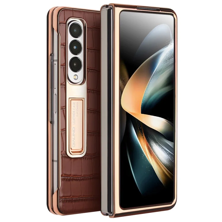 Caixa de Telefone Eletroplatada Qialino Para Samsung Galaxy Z Fold4 5g Cappa de PC Rígida Para Choque Chusta Vista de Telefone Vista de Telefone Com Filme de Vidro Temperado - Castanho