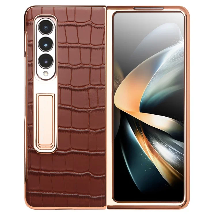 Caixa de Telefone Eletroplatada Qialino Para Samsung Galaxy Z Fold4 5g Cappa de PC Rígida Para Choque Chusta Vista de Telefone Vista de Telefone Com Filme de Vidro Temperado - Castanho