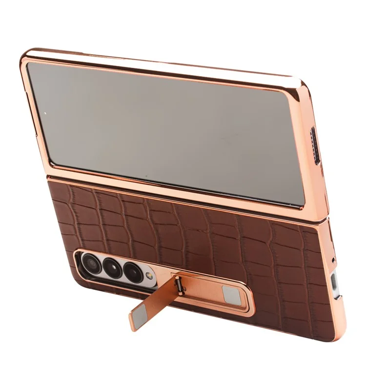 Caixa de Telefone Eletroplatada Qialino Para Samsung Galaxy Z Fold4 5g Cappa de PC Rígida Para Choque Chusta Vista de Telefone Vista de Telefone Com Filme de Vidro Temperado - Castanho