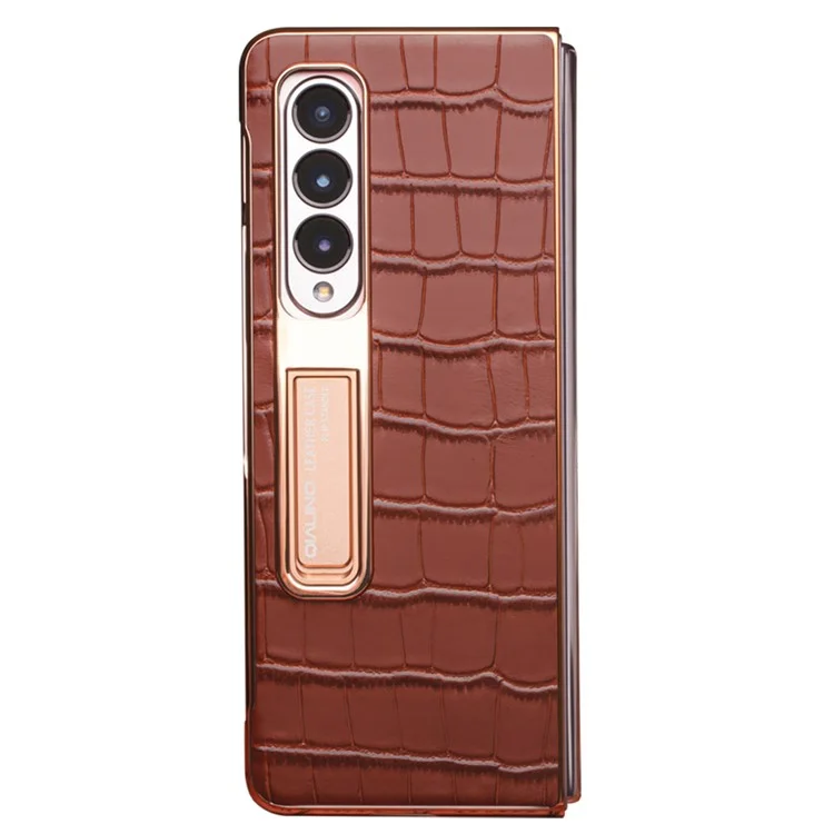 Caixa de Telefone Eletroplatada Qialino Para Samsung Galaxy Z Fold4 5g Cappa de PC Rígida Para Choque Chusta Vista de Telefone Vista de Telefone Com Filme de Vidro Temperado - Castanho
