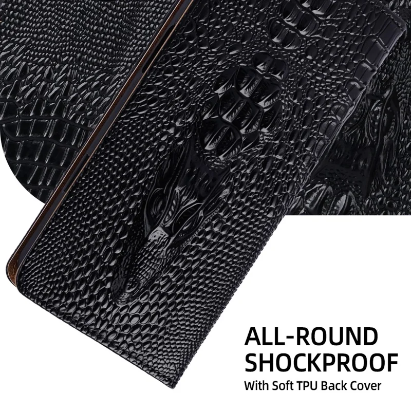 For iPhone 14 Pro Case 3D Crocodile Skull Flip Wallet RFID Blocking Genuine Cow Leather Phone Cover - Black