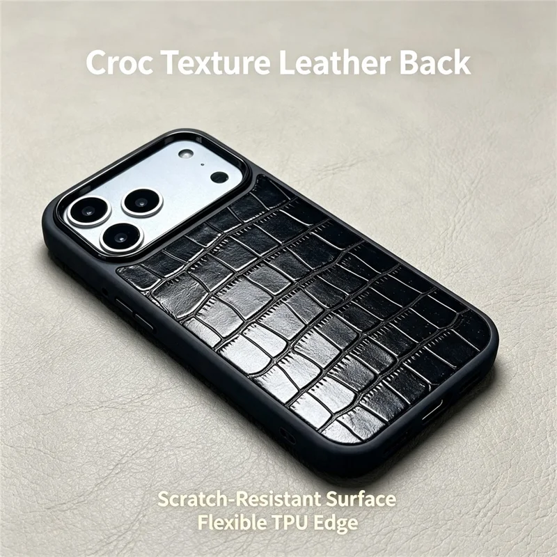 For iPhone 18 Pro / 17 Pro Case Genuine Cow Leather Crocodile Bamboo Grain Pattern Shockproof Phone Cover - Black