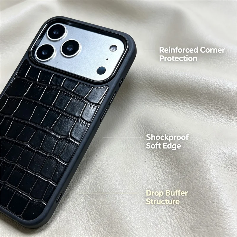 For iPhone 18 Pro / 17 Pro Case Genuine Cow Leather Crocodile Bamboo Grain Pattern Shockproof Phone Cover - Black