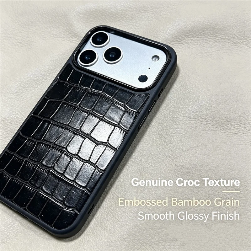 For iPhone 18 Pro / 17 Pro Case Genuine Cow Leather Crocodile Bamboo Grain Pattern Shockproof Phone Cover - Black