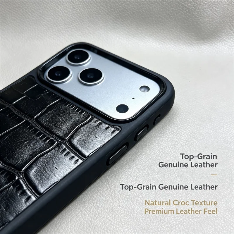 For iPhone 18 Pro / 17 Pro Case Genuine Cow Leather Crocodile Bamboo Grain Pattern Shockproof Phone Cover - Black