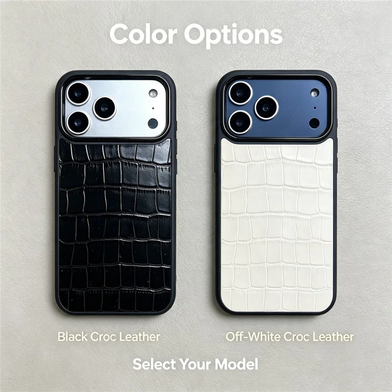 For iPhone 18 Pro / 17 Pro Case Genuine Cow Leather Crocodile Bamboo Grain Pattern Shockproof Phone Cover - Black