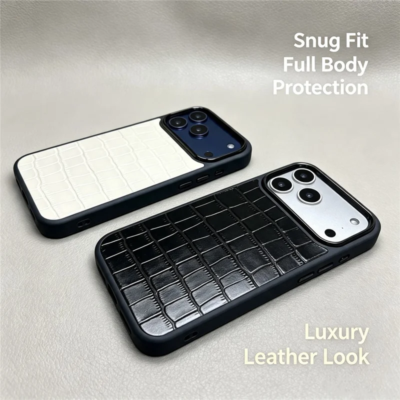 For iPhone 18 Pro Max / 17 Pro Max Case Genuine Cow Leather Crocodile Bamboo Grain Pattern Shockproof Phone Cover - Black