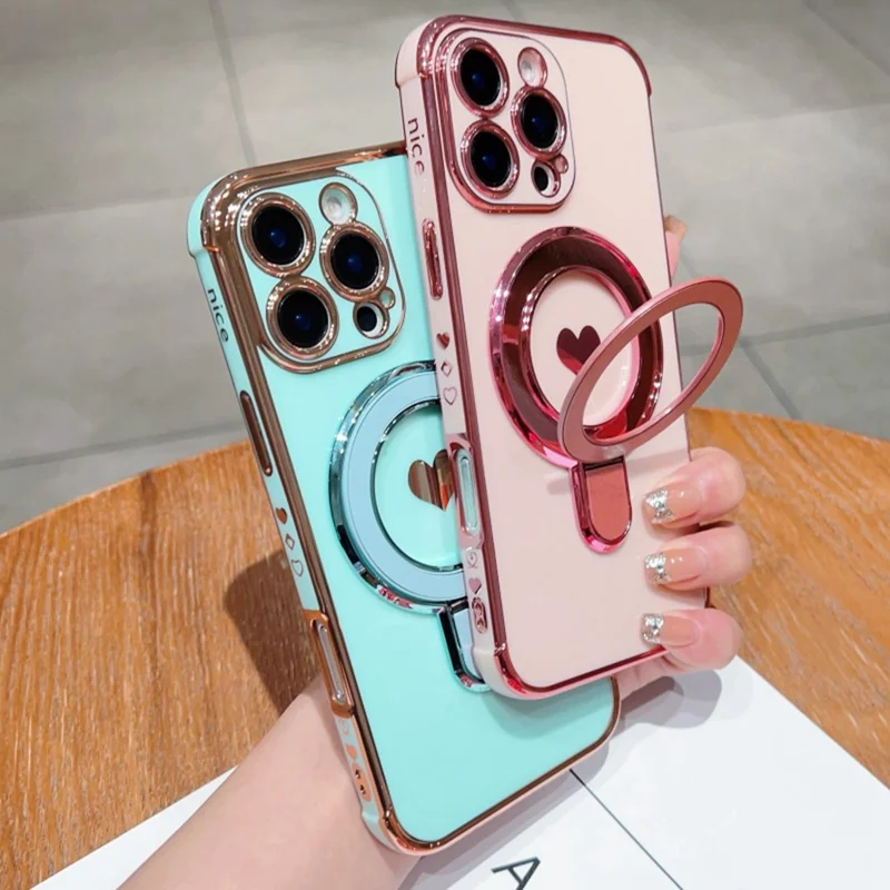 For iPhone 16 Pro Max Case Kickstand Electroplating Love Printing TPU Back Cover - Ivory White