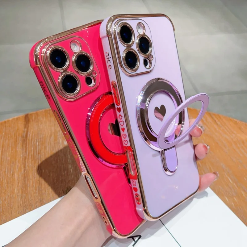 For iPhone 16 Pro Max Case Kickstand Electroplating Love Printing TPU Back Cover - Ivory White