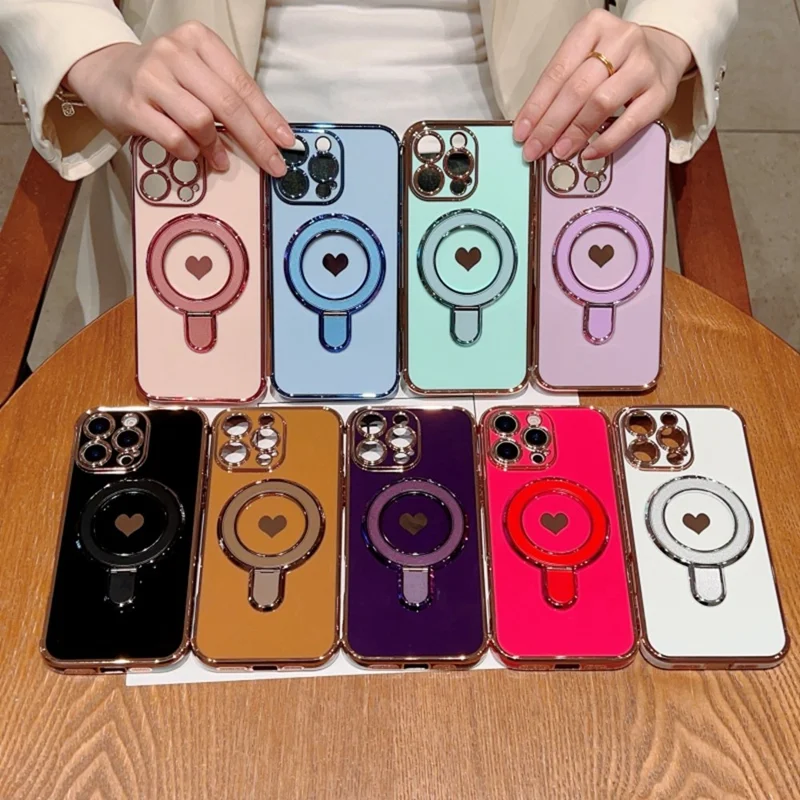 For iPhone 16 Pro Max Case Kickstand Electroplating Love Printing TPU Back Cover - Ivory White
