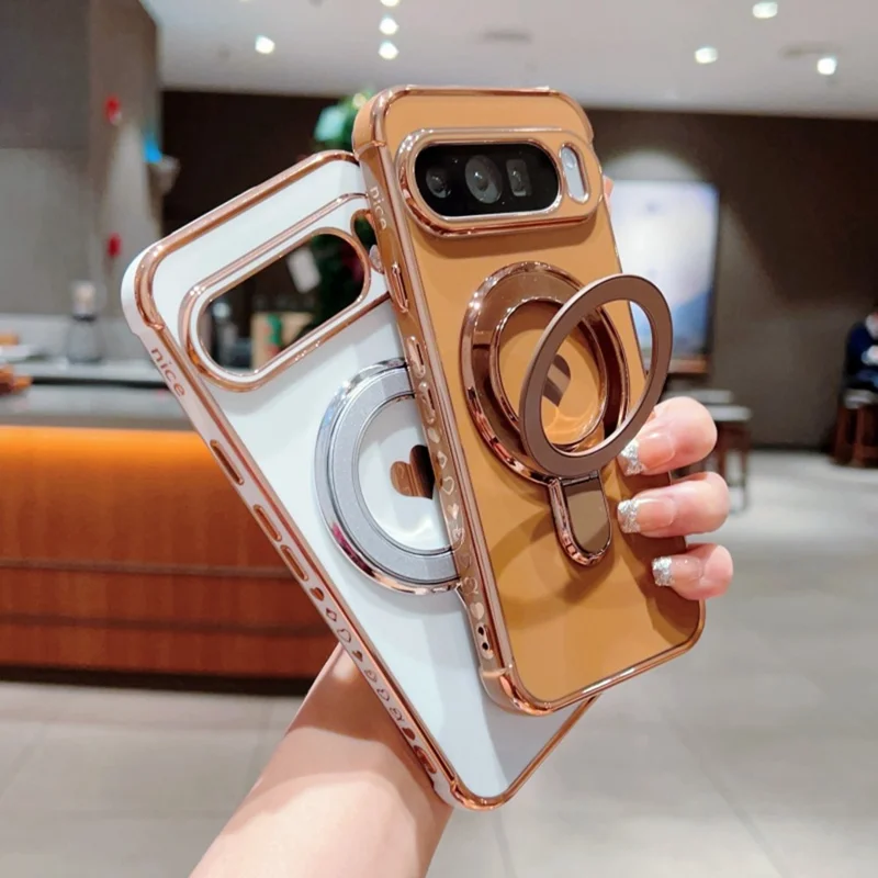 Für Google Pixel 9 Pro XL Hülle mit Ständer, Galvanik, Herz-Druck, TPU-Rückseite - Rosé