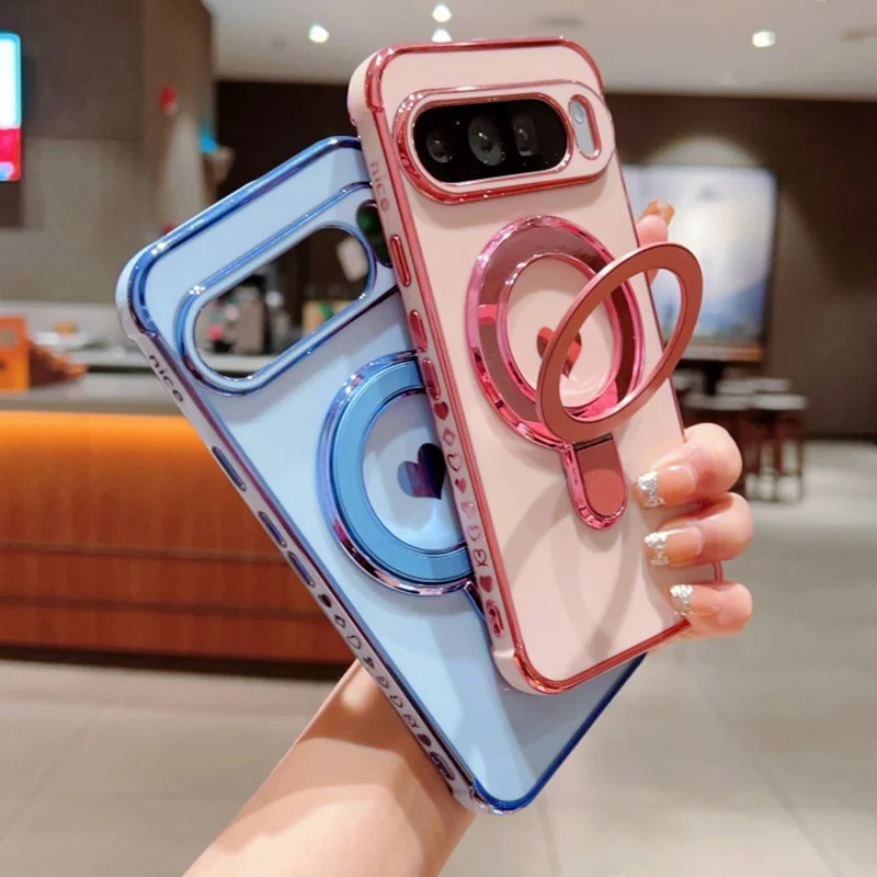 Für Google Pixel 9 Pro XL Hülle mit Ständer, Galvanik, Herz-Druck, TPU-Rückseite - Rosé