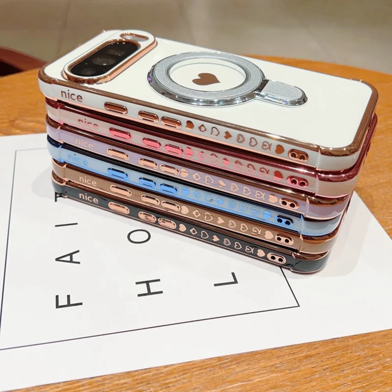 Für Google Pixel 9 Pro XL Hülle mit Ständer, Galvanik, Herz-Druck, TPU-Rückseite - Rosé