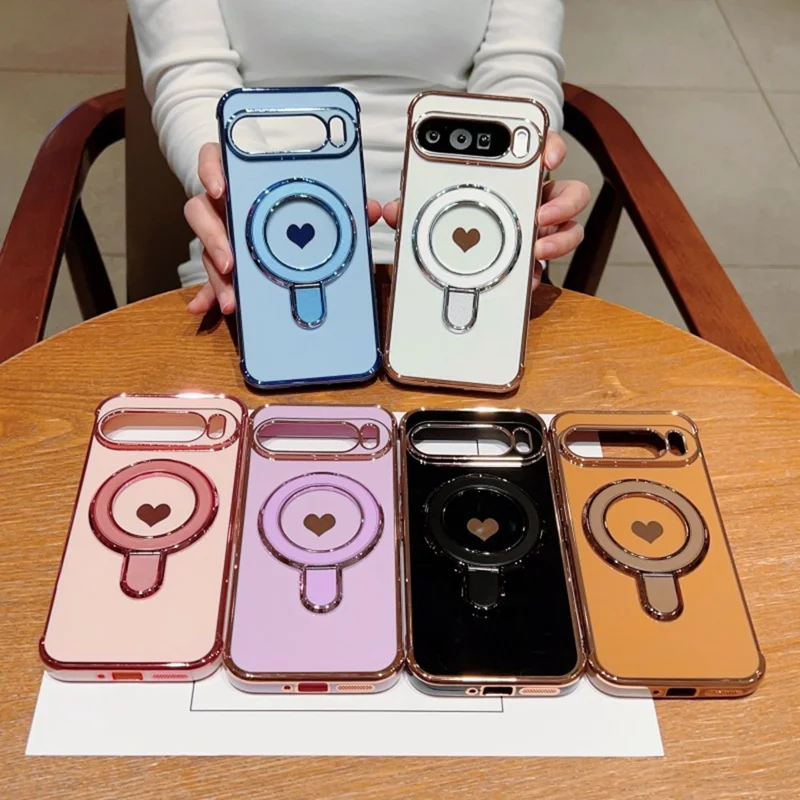 Für Google Pixel 9 Pro XL Hülle mit Ständer, Galvanik, Herz-Druck, TPU-Rückseite - Rosé