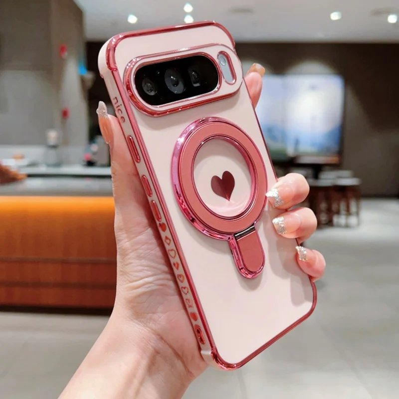 Für Google Pixel 9 Pro XL Hülle mit Ständer, Galvanik, Herz-Druck, TPU-Rückseite - Rosé