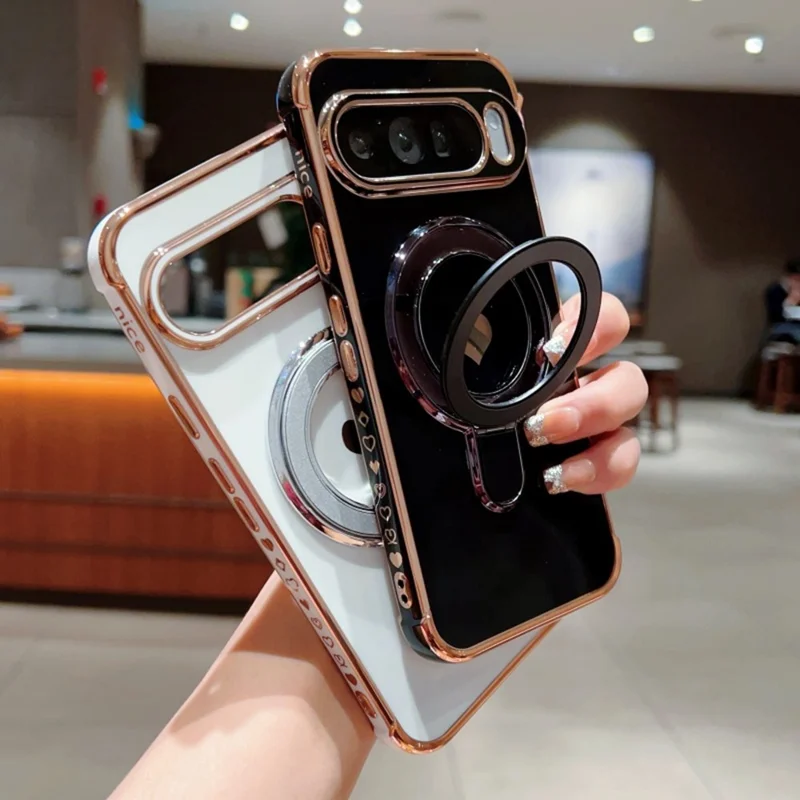 Für Google Pixel 9 Pro XL Hülle mit Ständer, Galvanik, Herz-Druck, TPU-Rückseite - Rosé