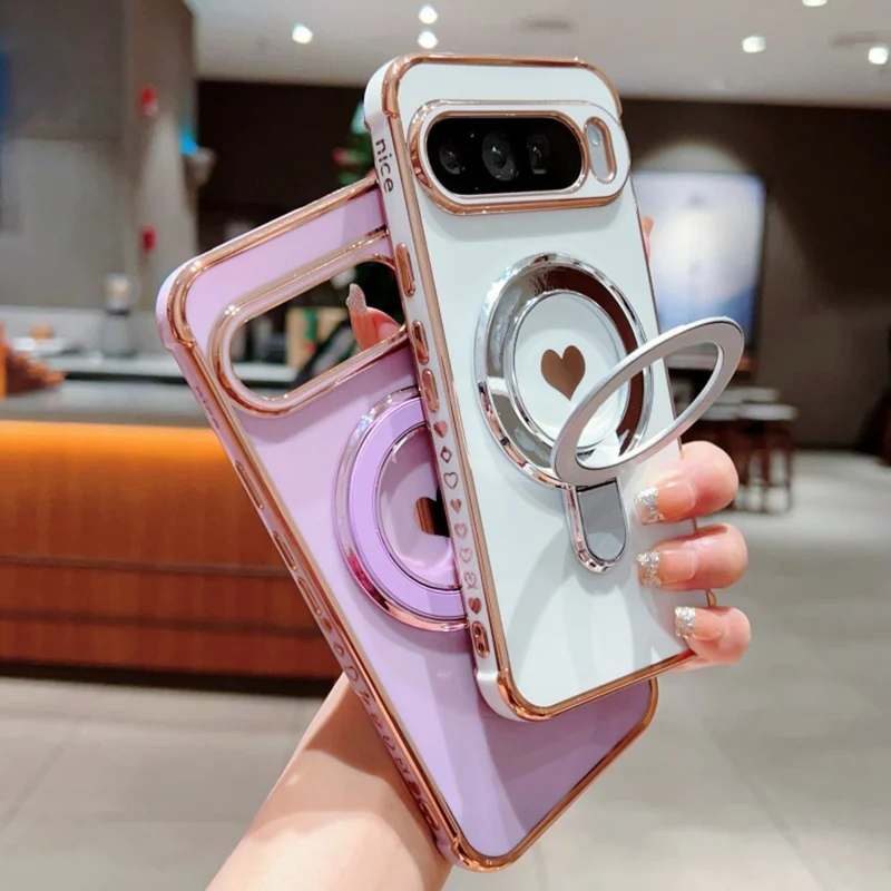 Für Google Pixel 9 Pro XL Hülle mit Ständer, Galvanik, Herz-Druck, TPU-Rückseite - Rosé