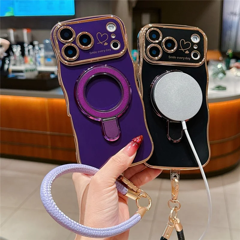 For iPhone 18 Pro Max  /  17 Pro Max Case Kickstand Electroplating Wave Frame Love Printing TPU Back Cover with Hand Strap - Rose