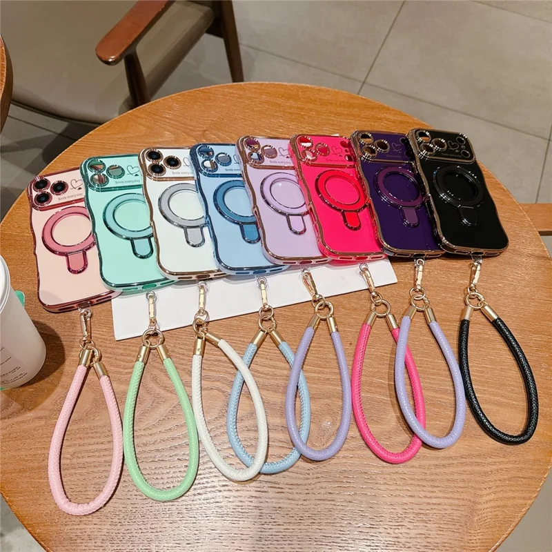 For iPhone 18 Pro Max  /  17 Pro Max Case Kickstand Electroplating Wave Frame Love Printing TPU Back Cover with Hand Strap - Rose
