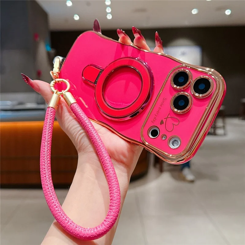 For iPhone 18 Pro Max  /  17 Pro Max Case Kickstand Electroplating Wave Frame Love Printing TPU Back Cover with Hand Strap - Rose