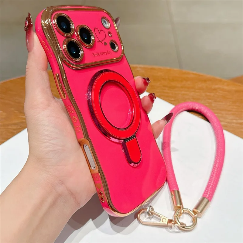 For iPhone 18 Pro Max  /  17 Pro Max Case Kickstand Electroplating Wave Frame Love Printing TPU Back Cover with Hand Strap - Rose