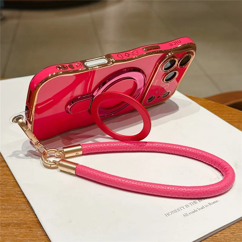 For iPhone 18 Pro Max  /  17 Pro Max Case Kickstand Electroplating Wave Frame Love Printing TPU Back Cover with Hand Strap - Rose