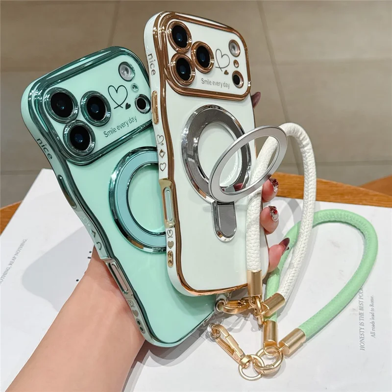 For iPhone 18 Pro Max  /  17 Pro Max Case Kickstand Electroplating Wave Frame Love Printing TPU Back Cover with Hand Strap - Rose